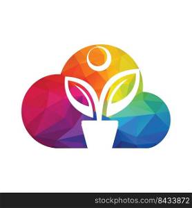 Flower Pot And Plant Logo on Cloud. Human Growth Vector Logo. 
