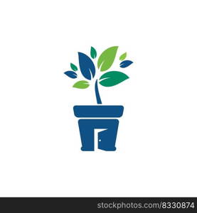 Flower pot with open door icon logo design. 