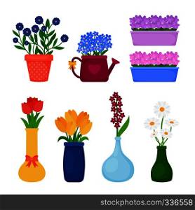 Flower pots icons. Spring flowers in pots and vases set. Vector illustration. Spring flowers in pots
