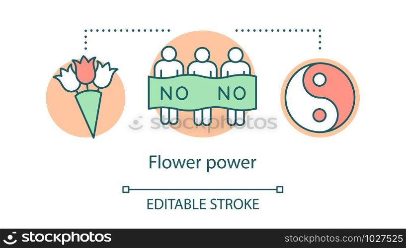 Flower power concept icon. Hippie movement, nonviolence ideology idea thin line illustration. Yin and yang sign, protesters with banner and bouquet vector isolated outline drawing. Editable stroke