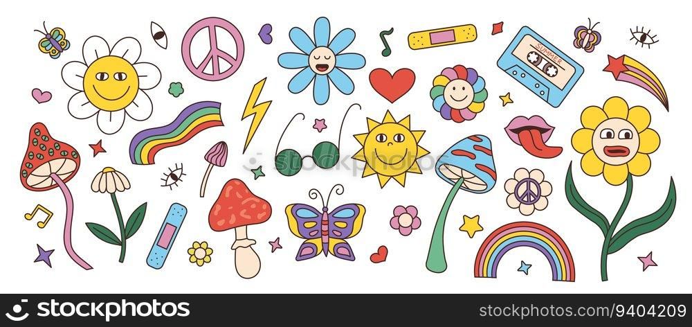 Flower power stickers, retro psychedelic collection. Groovy butterfly, hand drawn daisy, heart and sun, hippie mushroom. Peace symbols, isolated 70s disco labels or emblems. Vector cartoon clipart. Flower power stickers, retro psychedelic collection. Groovy butterfly, hand drawn daisy, heart and sun, hippie mushroom. Peace symbols, isolated 70s disco labels. Vector cartoon clipart