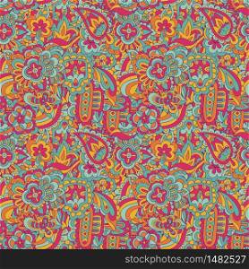 Flower retro art ethnic seamless design surface. Festive colorful floral doodle paisley pattern.. Festive colorful floral doodle paisley pattern surface.