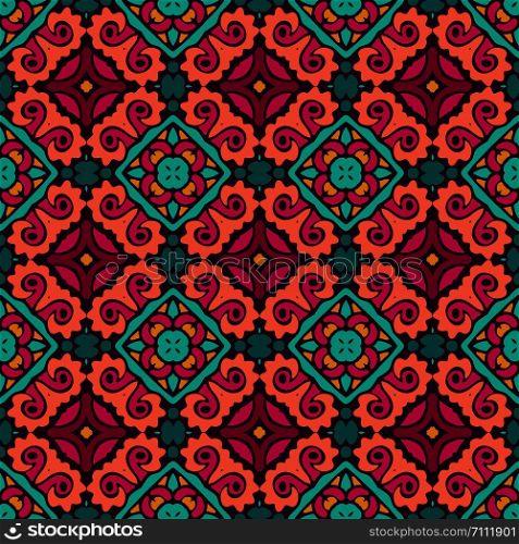 Flower retro multicolor art ethnic seamless design tiles . Festive colorful tiled pattern with abstract doodle flower decor.. Abstract tile seamless pattern floral for wallpapers and background