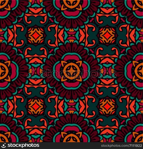 Flower retro multicolor art ethnic seamless design tiles . Festive colorful tiled pattern with abstract doodle flower decor.. Colorful seamless ceramic tile design pattern background. flower mandala design surface