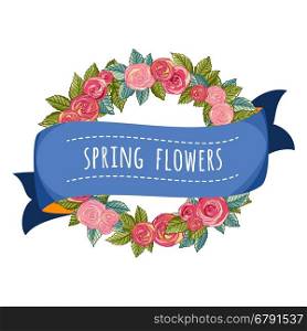Flower Rose Wreath with Ribbon. Vector Illustration.