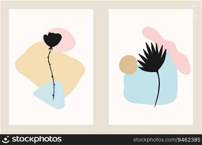 Flower shape in abstract background. Botanical outline. Abstract shapes in pastel colors. Vector art
