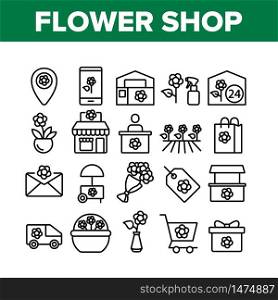 Flower Shop Boutique Collection Icons Set Vector. Flower Shop Delivery And Map Location, Bouquet And In Pot, Greenhouse And Garden Concept Linear Pictograms. Monochrome Contour Illustrations. Flower Shop Boutique Collection Icons Set Vector