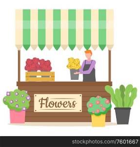 Flower shop business of person vector, salesperson holding bouquet of eco pot and plant isolated store with decoration for home interior flat style. Flower Shop, Person Selling Plants in Pots Vector
