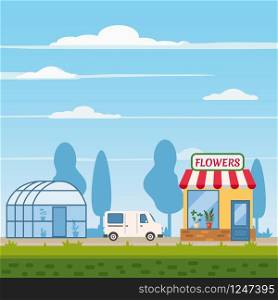 Flower shop, delivery truck, greenhouse landscape background. Flower shop, delivery truck, greenhouse, landscape background, trend Flat cartoon style, vector illustration, isolated