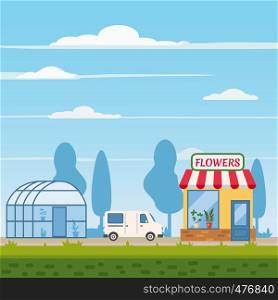 Flower shop, delivery truck, greenhouse landscape background. Flower shop, delivery truck, greenhouse, landscape background, trend Flat cartoon style, vector illustration, isolated