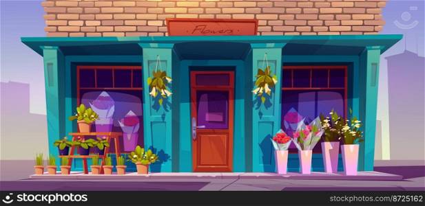 Flower shop facade, traditional store front with bouquets in vases or pots standing on street at commercial floral boutique entrance. Florist market stall city architecture Cartoon vector illustration. Flower shop facade, traditional city store front