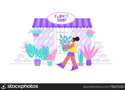 Flower shop flat composition with florist store building and plants with doodle character of female seller vector illustration