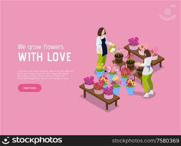 Flower shop rose landing page with isometric design and text we grow flowers with love vector illustration