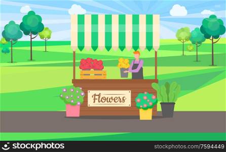 Flower shop vector, summer market outdoors, natural environment and person with plants potted in special containers. Business of people flora decor. Flower Shop, Person Flora in Pot, Potted Plants