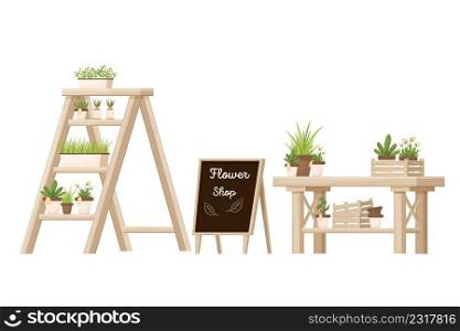 Flower shop wooden furniture, store equipment with shelving ladder, desk and advertising board isolated on white background in cartoon style. Retail decoration element, flowerpot, fresh, green plants.