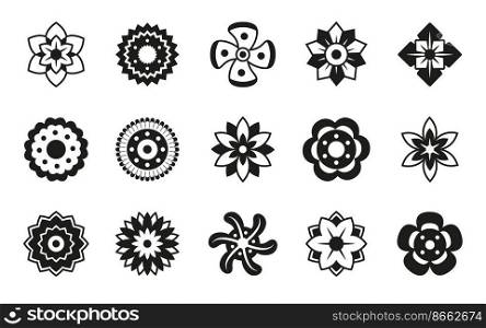 Flower silhouette icons, black sunflower daisy. Spring monochrome dahlia, rose and chamomile, outline easter blossom decor elements. Logo template, abstract botanical pictogram, vector symbols set. Flower silhouette icons, black sunflower daisy. Spring monochrome dahlia, rose and chamomile, outline easter blossom decor. Logo template, abstract botanical pictogram, vector symbols set