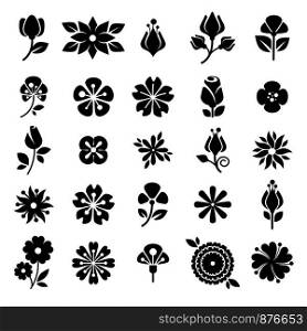 Flower silhouettes icons. Vector blossom buds of rose, daffodil narcissus or tulip and lily,. Flower blossom buds silhouette vector icons