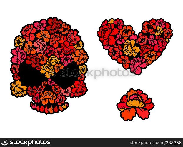 Flower skull. Love, Heart of roses. Beautiful flower. Collection of romantic illustration. Set for Valentines Day.