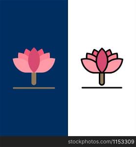 Flower, Spring Flower, Tulip Icons. Flat and Line Filled Icon Set Vector Blue Background