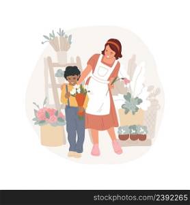 Flower stall isolated cartoon vector illustration School fair market, outdoor festival, stall with colorful flowers, kid buying a bouquet, spring celebration, sunny day vector cartoon.. Flower stall isolated cartoon vector illustration