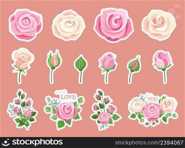 Flower stickers. Rose bouquet, pink roses decorative compositions. Floral for cards, invitation, wedding decor. Romantic love social media vector sticker. Illustration of bouquet floral wedding. Flower stickers. Rose bouquet, pink roses decorative compositions. Floral elements for cards, invitation, wedding decor. Romantic love social media vector sticker pack