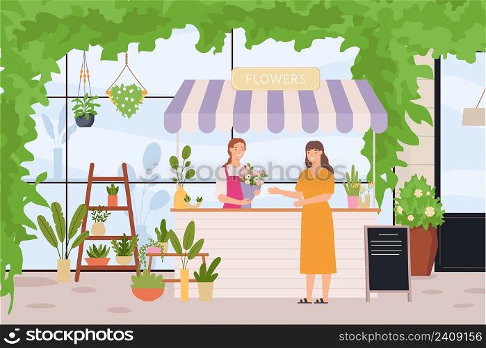 Flower store. Florist standing at counter, customer visiting shop and buying bouquet for holiday. Selling potted houseplants for home decor. Retail service with young owner vector illustration. Flower store. Florist standing at counter, customer visiting shop and buying bouquet for holiday. Selling potted houseplants