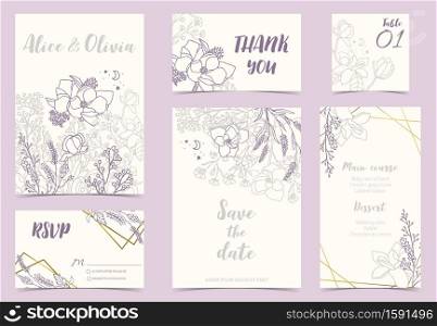 Flower wedding invitation with magnolia, lavender and leaves.Vector birthday invitation for kid and baby.Editable element