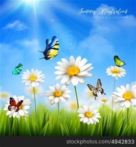 Flower With Butterfly Background. Beautiful colorful butterflies and green grass with camomile flowers background flat vector illustration