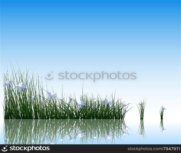 Flower with grass on water surface with reflection. EPS 10 vector illustration with transparency.