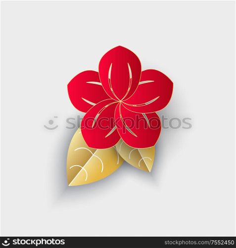 Flower with leaf origami Chinese New Year decor vector. Isolated icon of colorful plant, flourishing plant prosperity bloom and blossom natural logo. Flower with Leaf Origami Chinese New Year Decor