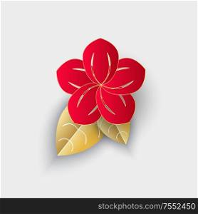 Flower with leaf origami Chinese New Year decor vector. Isolated icon of colorful plant, flourishing plant prosperity bloom and blossom natural logo. Flower with Leaf Origami Chinese New Year Decor