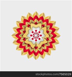 Flower with red and golden stripes, paper with petals in realistic style isolated on white. Chinese decoration for New Year, single colorful icon vector. Chinese Flower with Red and Golden Stripes Vector