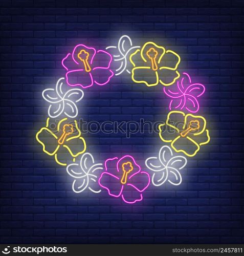 Flower wreath neon sign. Circle of pink and yellow hibiscuses. Glowing banner or billboard elements. Vector illustration in neon style for advertising, posters, flyers