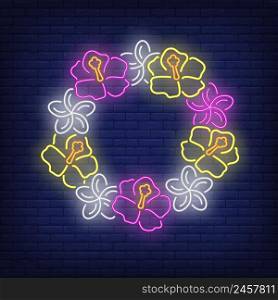 Flower wreath neon sign. Circle of pink and yellow hibiscuses. Glowing banner or billboard elements. Vector illustration in neon style for advertising, posters, flyers