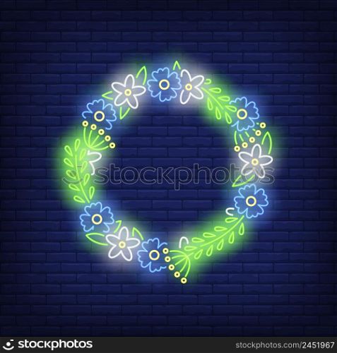Flower wreath neon sign. Summer, holiday, decor design. Night bright neon sign, colorful billboard, light banner. Vector illustration in neon style.