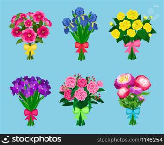 Flowering bouquets Set isolated on blue background. Bunch of flowers with bows for wedding or valentine vector illustration. Flowering bouquets Set isolated on blue background. Bunch of flowers with bows