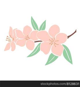 Flowering branch of apple or cherry tree. Delicate peach flowers and foliage. Natural decoration apricot or almond blossom vector isolated illustration. Flowering branch of apple or cherry tree