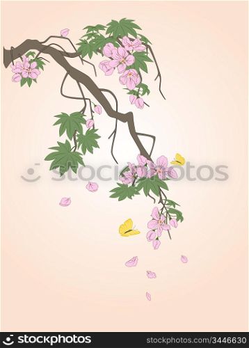 flowering branch with flying butterflies