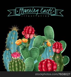 Flowering cacti colorful botanical composition on black background including gymnocalycium and pin cushion cactus vector illustration
