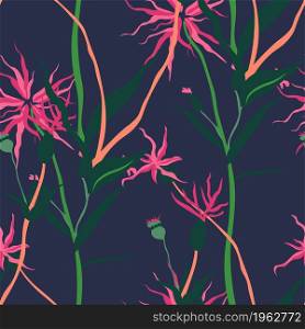 Flowering flowers and leaves, foliage and decorative plants, tropical or exotic motif and ornaments on blue. Seamless pattern or background, print or repeatable wallpaper. Vector in flat style. Tropical foliage and flowering plants pattern