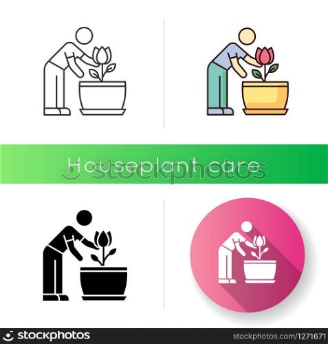 Flowering houseplant icon. Growing blooming plant. Indoor gardening. Taking care of flower. Planting process. Thriving domestic plant. Linear black and RGB color styles. Isolated vector illustrations