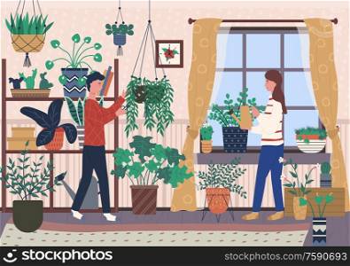 Flowering plants growing in pots and vases vector, man and woman caring for houseplants, female and male characters watering plantation in greenhouse. Room with Plants in Pots, People Caring for Flora