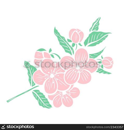 Flowering tree branch isolated object. Twig with delicate pink flowers and leaves. Flowering of apple, sakura, almond, peach and other fruit trees. Vector. Flowering tree branch isolated object