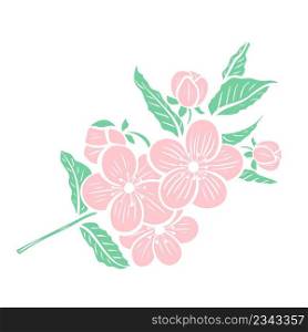 Flowering tree branch isolated object. Twig with delicate pink flowers and leaves. Flowering of apple, sakura, almond, peach and other fruit trees. Vector. Flowering tree branch isolated object