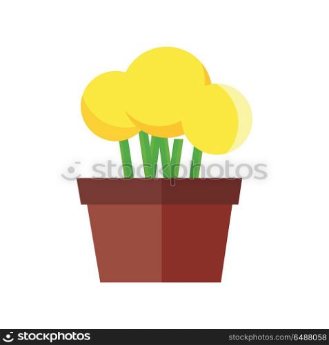 Flowerpot Vector Illustration in Flat Design.. Flowerpot vector illustration in flat design. Yellow flowers in a ceramic or plastic pot. Gardening, interior element, cultural decorative plants concept. Isolated on white background.. Flowerpot Vector Illustration in Flat Design.