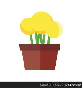 Flowerpot Vector Illustration in Flat Design.. Flowerpot vector illustration in flat design. Yellow flowers in a ceramic or plastic pot. Gardening, interior element, cultural decorative plants concept. Isolated on white background.. Flowerpot Vector Illustration in Flat Design.