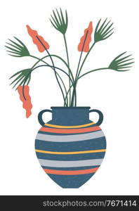 Flowerpot with blooming plant, isolated striped vase with handles. Vector artificial leaves and flowers in clay pottery vessel. Home decoration crockery. Flowerpot, Blooming Plant, Isolated Striped Vase