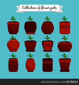 Flowerpots with soil and sprouts isolated on blue background. Ceramic decorative flower pots and potting growing plants, vector illustration. Flowerpots with soil and sprouts