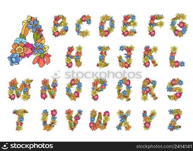 Flowers alphabet colored abc letters decorative icons set isolated vector illustration