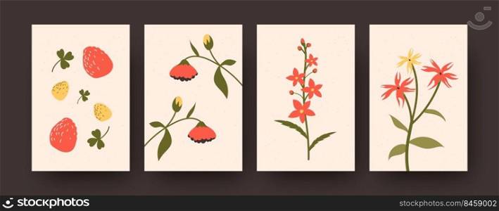 Flowers and berries illustration set in pastel colors. Ripe strawberries and floral elements for postcard, invitation card designs. Flowers and blossom concept. Flowers and berries illustration set in pastel colors